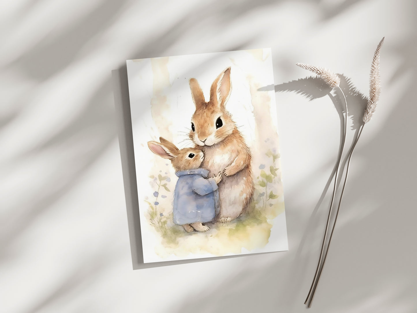 Mother and Baby Bunny Rabbits Hugging - Premium Matte Paper Poster