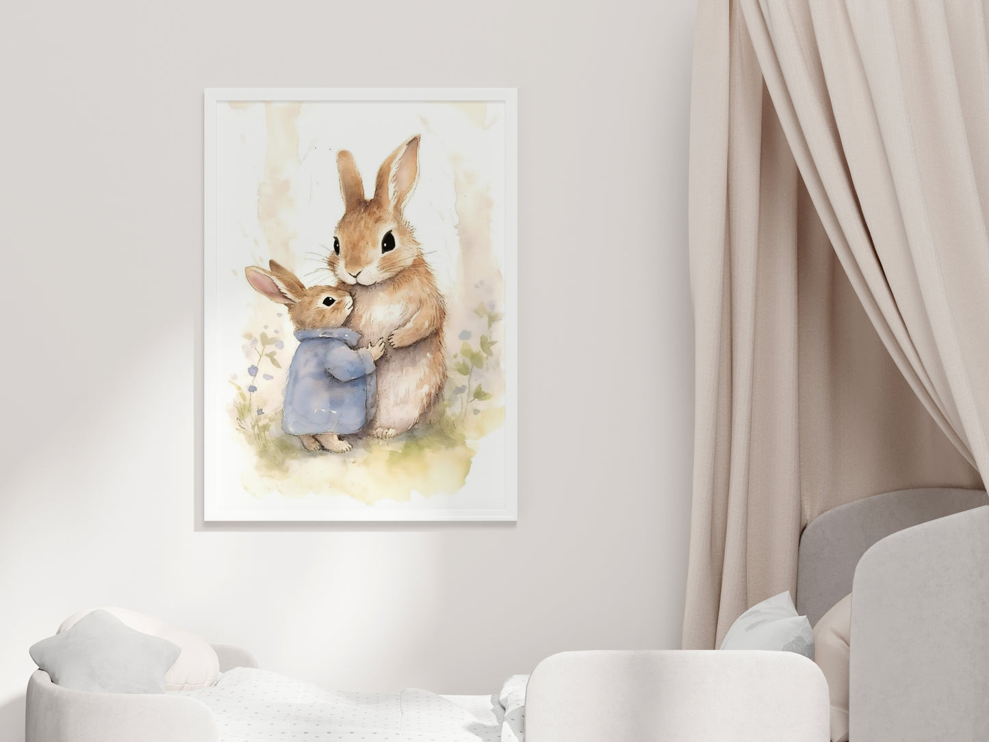 Mother and Baby Bunny Rabbits Hugging - Premium Matte Paper Poster