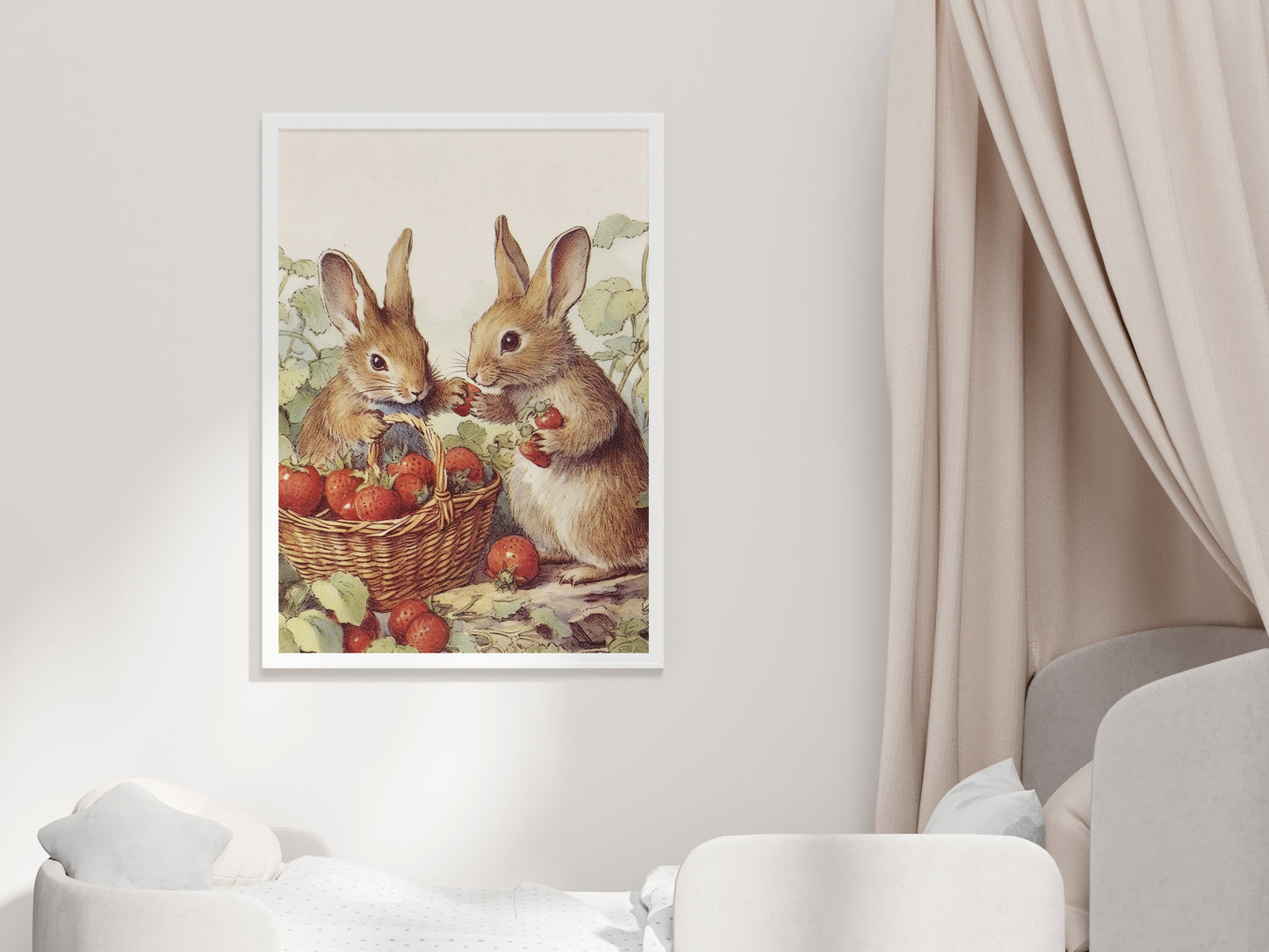 Bunny Rabbits Picking Strawberries - Printable Digital Art