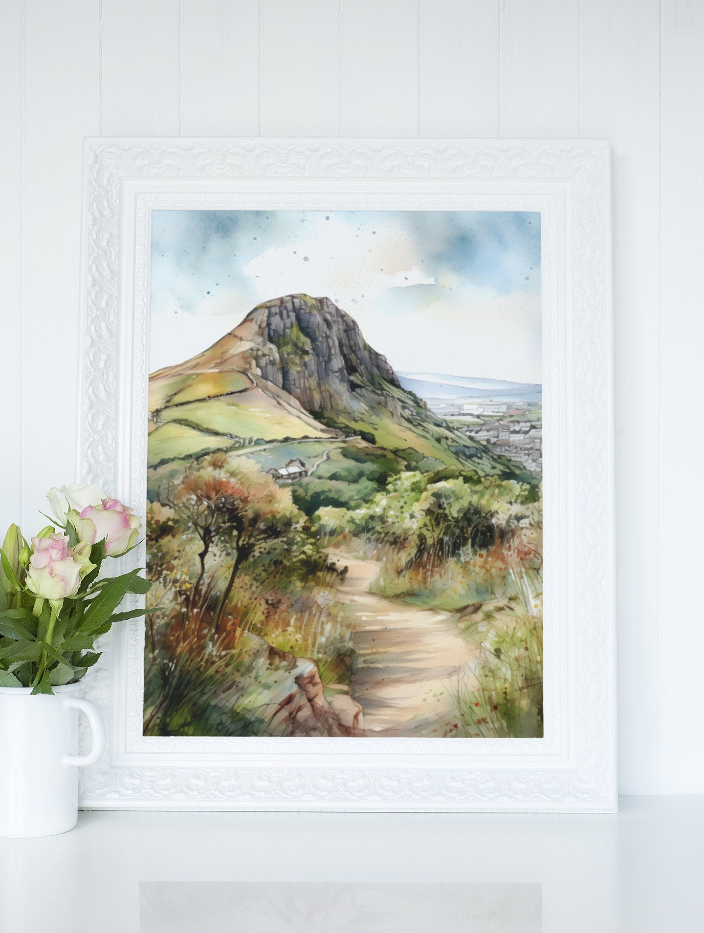 Arthur Seat Mountain Hiking Route Illustration Watercolor Edinburgh Art Print Scottish Countryside Digital Download Wall Art, British Nature