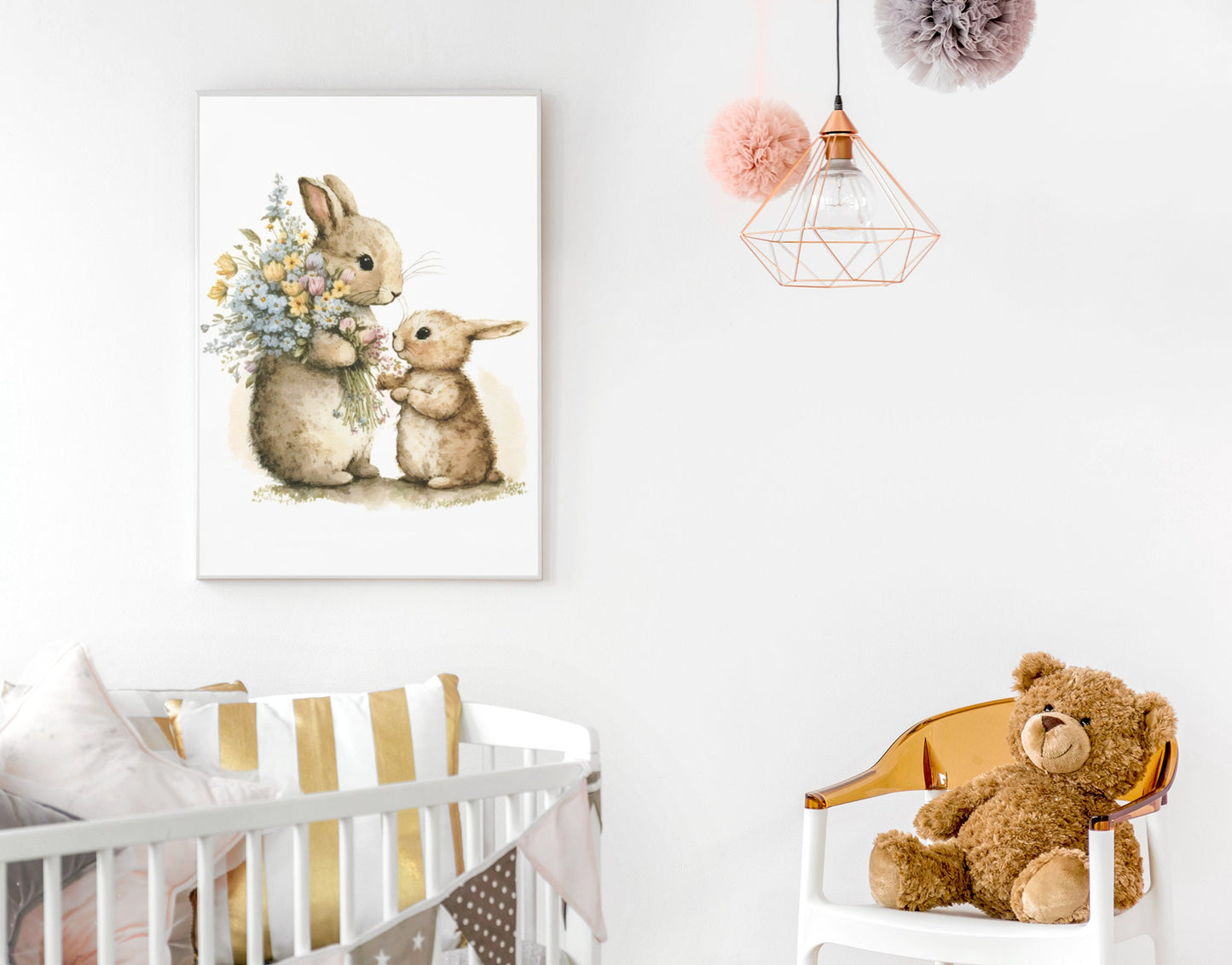 Baby and Mother Bunnies Wall Art, Softness Watercolor Illustration, Cottagecore Decor Printable, Wildlife Countryside Digital Print