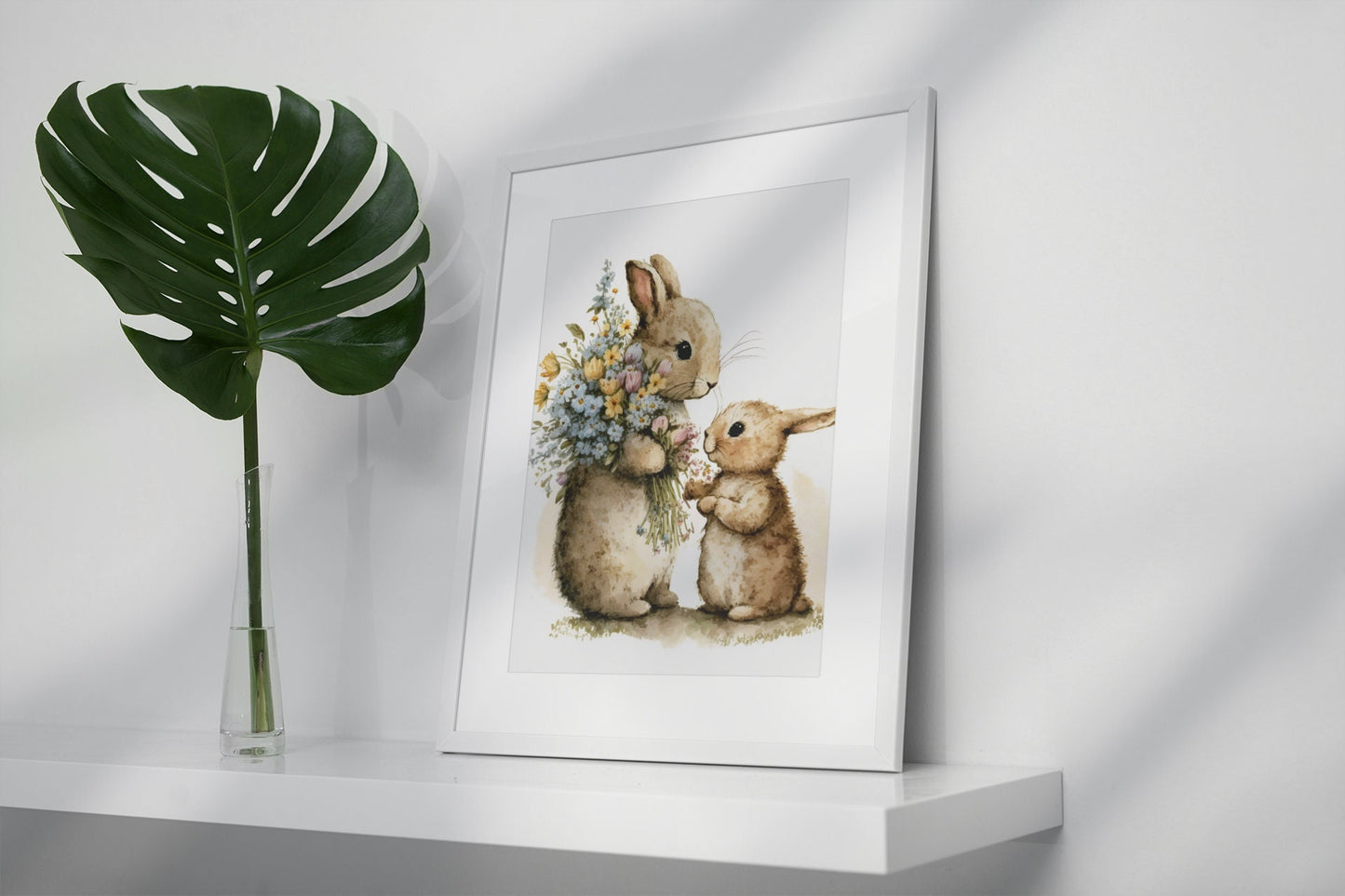 Baby and Mother Bunnies Wall Art, Softness Watercolor Illustration, Cottagecore Decor Printable, Wildlife Countryside Digital Print