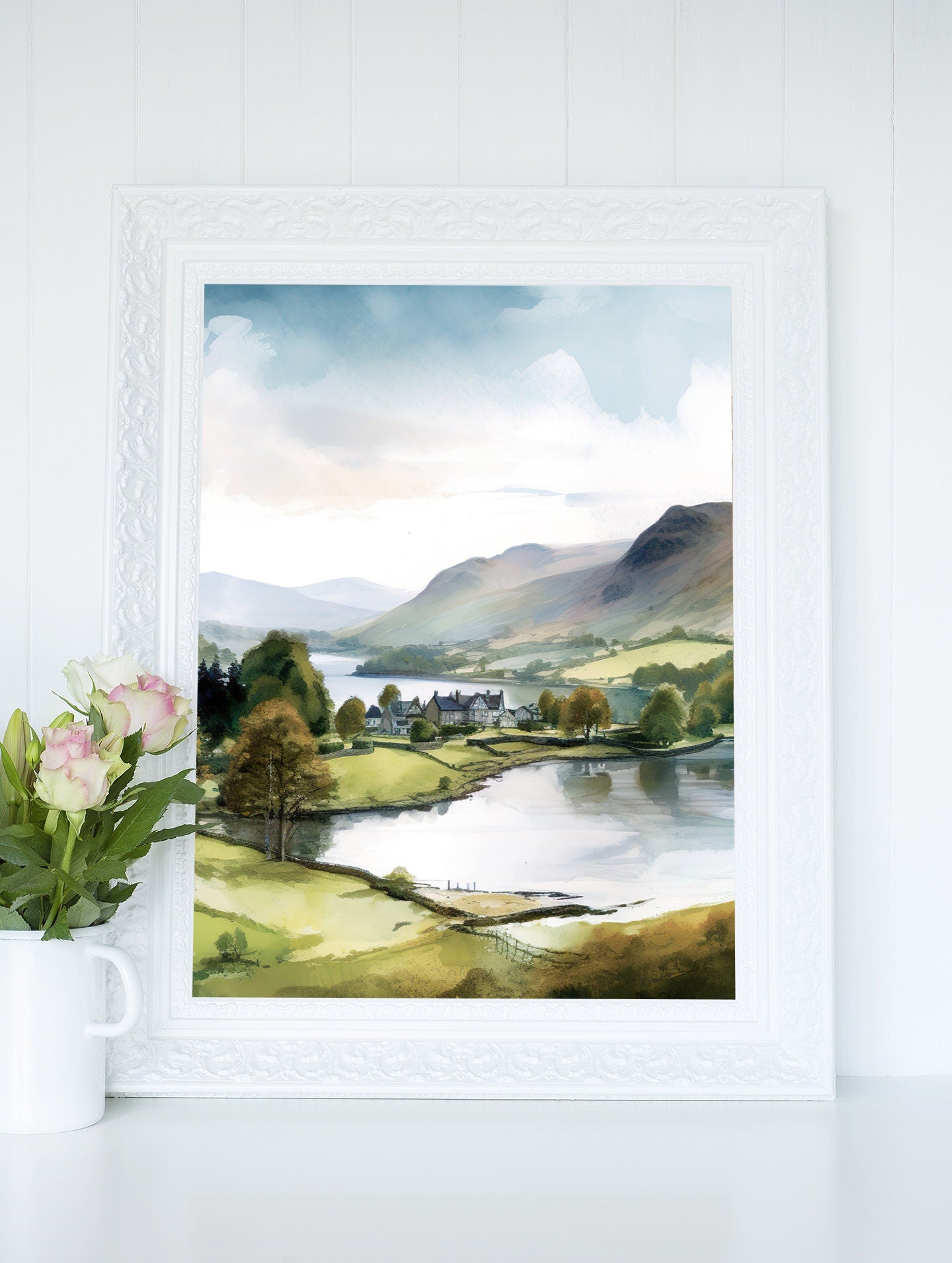 England Lake District Wall Art, British Countryside Printable, Cottagecore Decor Digital Print, Watercolor Illustration Instant Download