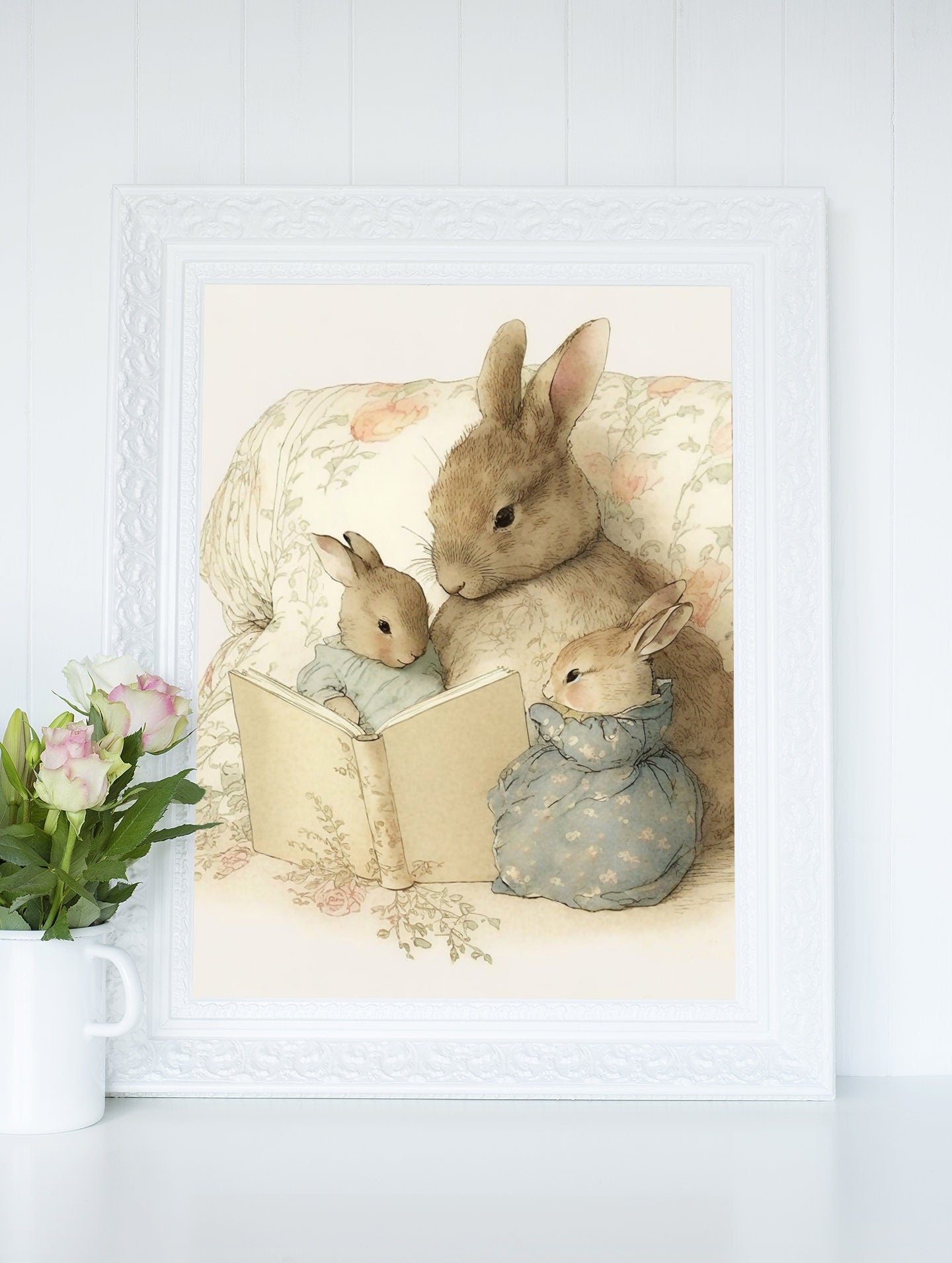 Mother Bunny reading to her Babies Wall Art, Softness Watercolor Art Print, Cottagecore Decor Printable, Countryside Wildlife Illustration