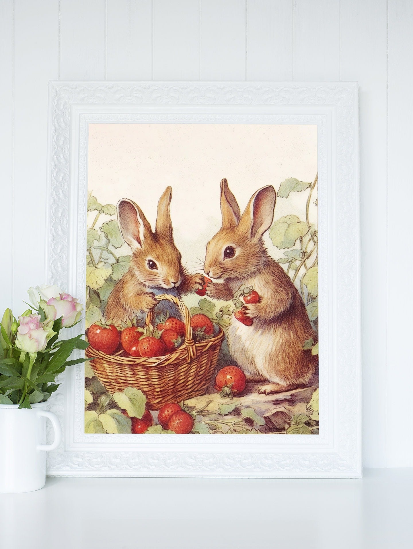 Bunny Rabbits Picking Strawberries Wall Art, Softness Nursery Art Prints, Watercolor British Wildlife Printables, Instant Digital Download