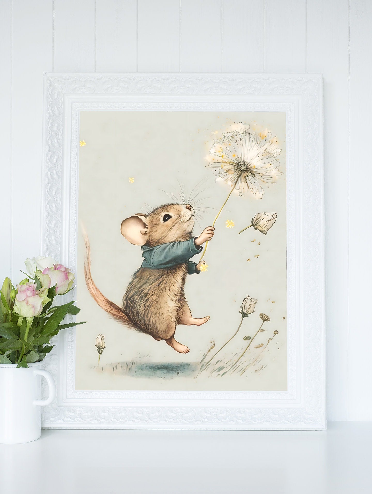 Mouse Flying with Dandelion Wall Art, Softness Nursery Art Prints, Watercolor Illustration Cottagecore Printable Decor, Instant Download