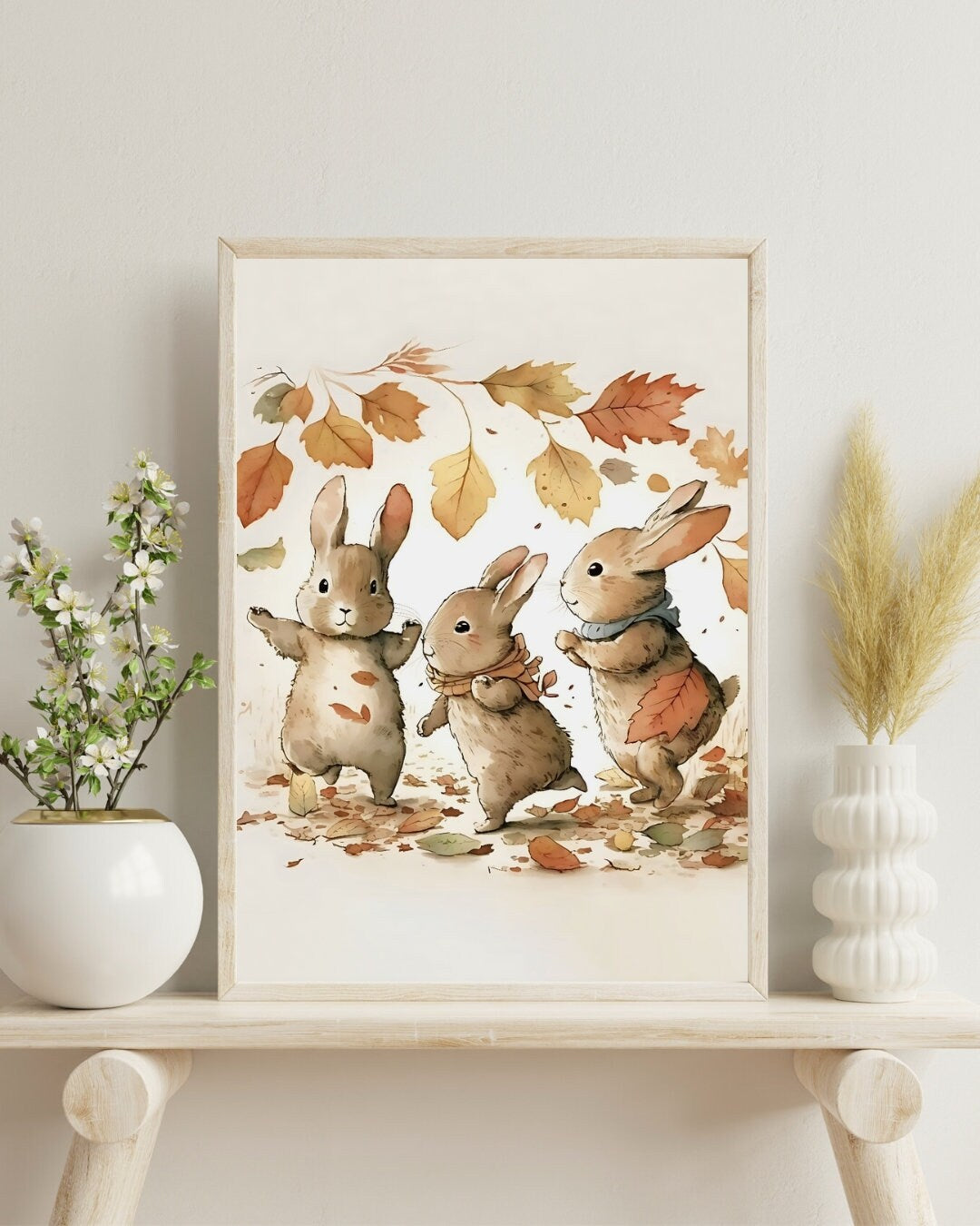 Autumnal Bunny Rabbits Fall Leaves Wall Art, Softness Nursery Art Prints, Watercolor British Wildlife Printables, Instant Digital Download