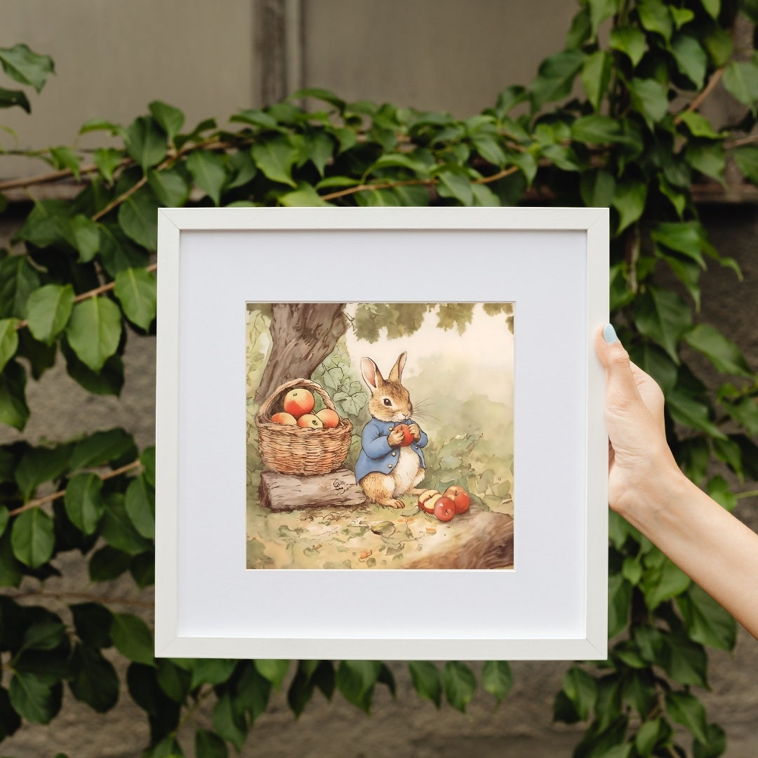 Bunny Rabbit Picking Apples Art Print, Softness Wall Printable, Cottagecore Nursery Decor Watercolor Illustration Print Countryside Download