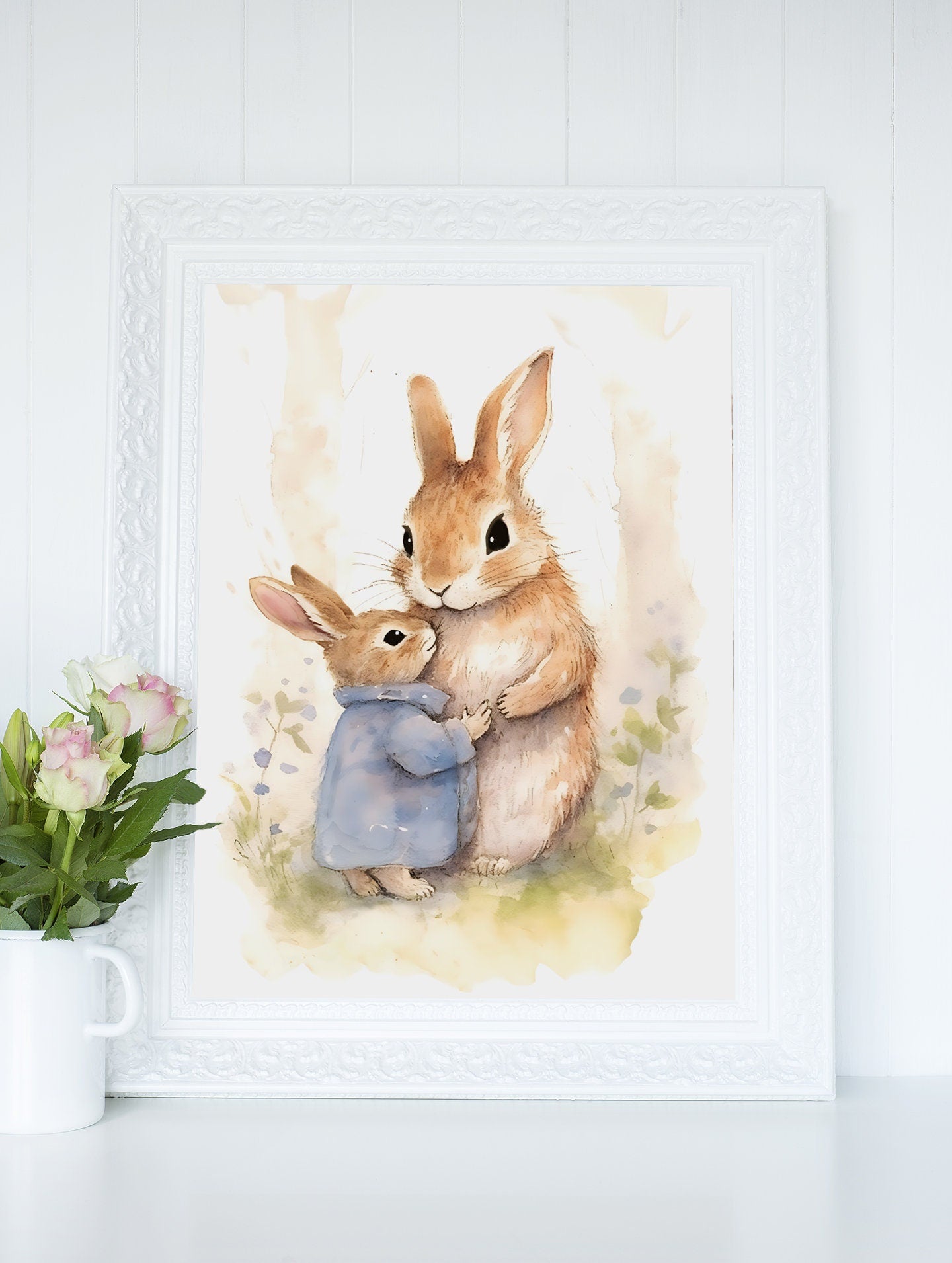 Cute Bunny Rabbit Hugging Mother Wall Art, Softness Watercolor Art Print, Cottagecore Decor Printable, Countryside Wildlife Illustration
