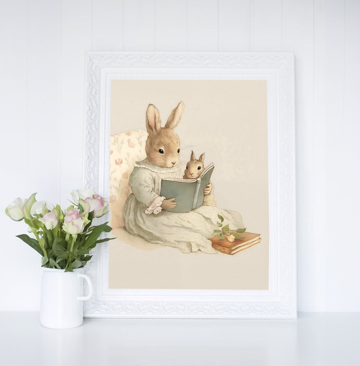 Mother Bunny Rabbit Reading To Baby Wall Art, Softness Watercolor Art Print, Cottagecore Decor Printable, Countryside Wildlife Illustration