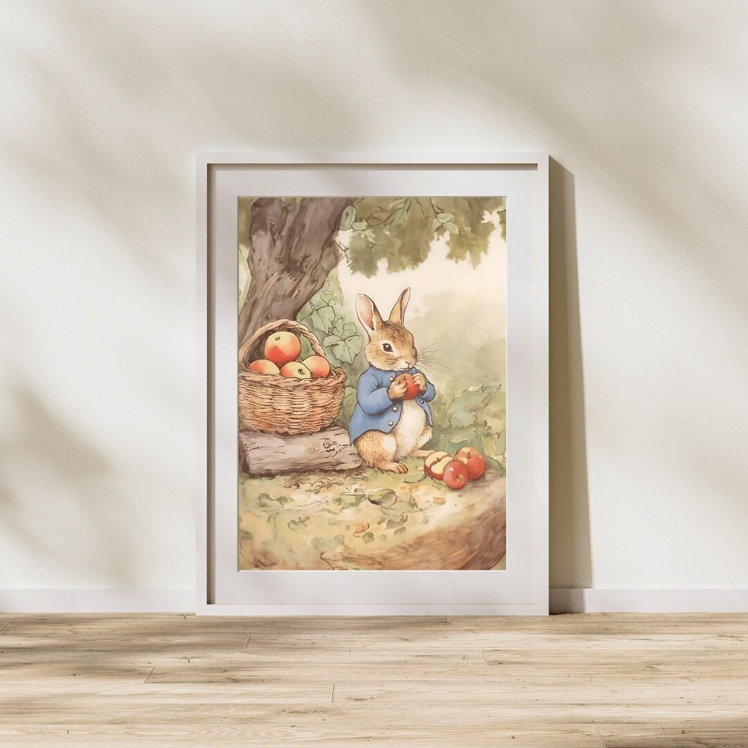 Bunny Rabbit Picking Apples Art Print, Softness Wall Printable, Cottagecore Nursery Decor Watercolor Illustration Print Countryside Download