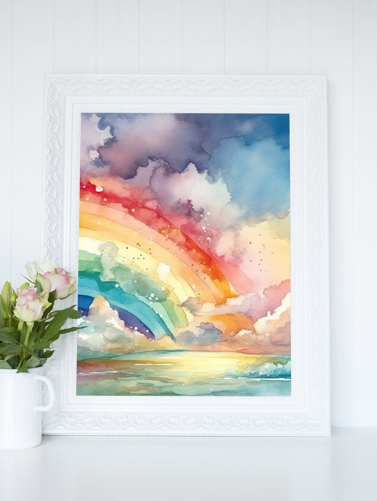 Watercolor Rainbow in the Clouds Decor, Colorful Cloudy Sky Wall Art, Sea of Clouds Illustration, Instant Digital Download, Art Printable