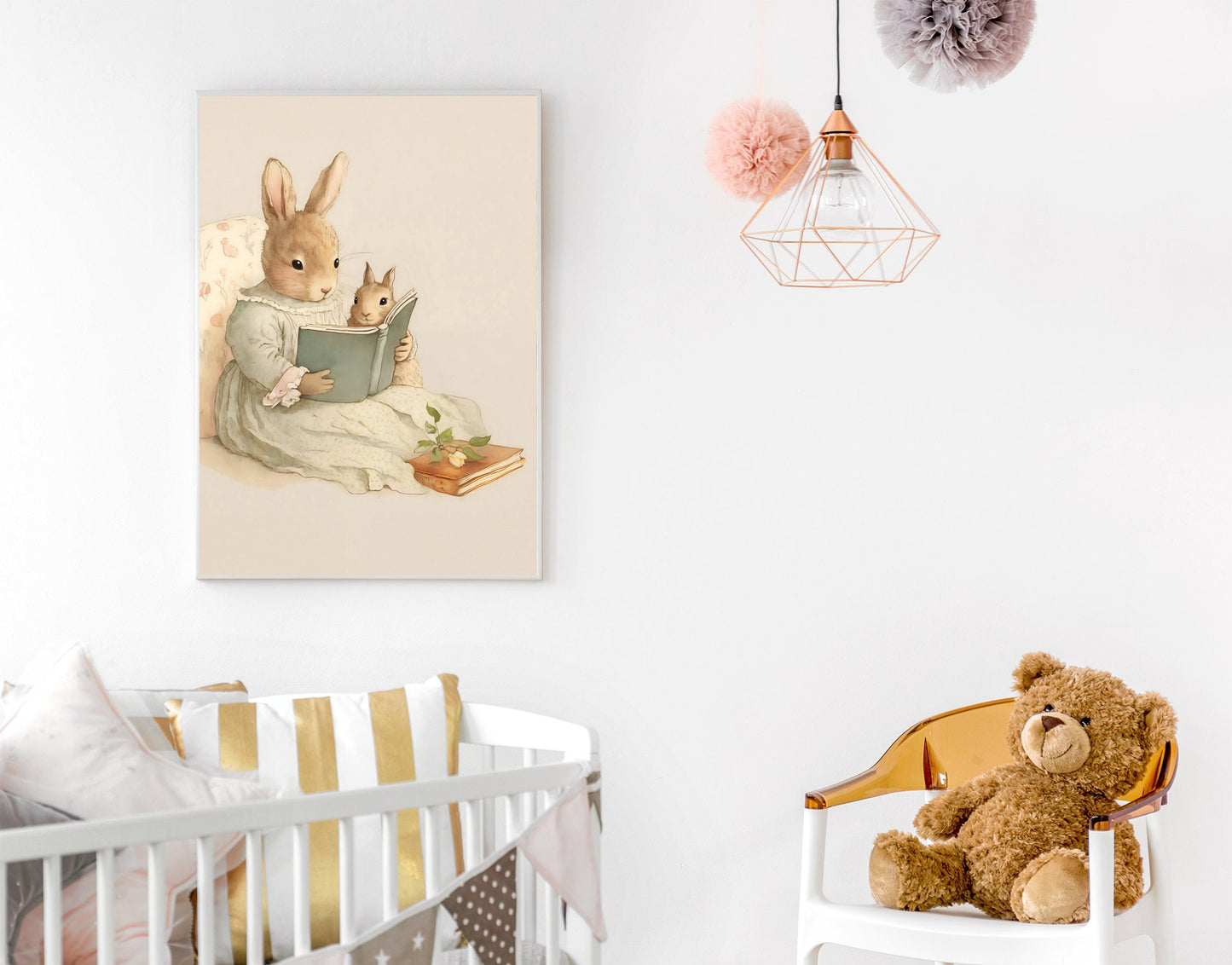 Mother Bunny Rabbit Reading To Baby Wall Art, Softness Watercolor Art Print, Cottagecore Decor Printable, Countryside Wildlife Illustration