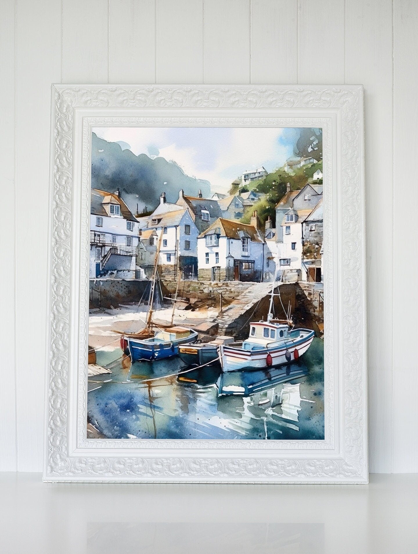 Cornwall Watercolor Illustration Print, Polperro Harbour Cornish Painting British Seaside Wall Art, Beach Boat Dock Instant Digital Download