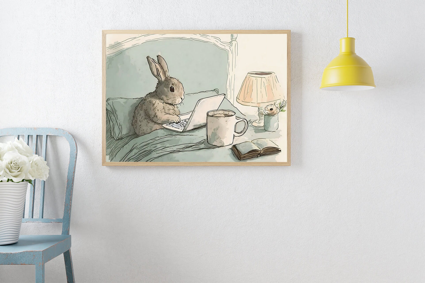 Bunny Rabbit Working From Home Printable, Cottagecore Tech Decor Wall Art, Watercolor Softness Art Print, British Wildlife Digital Download