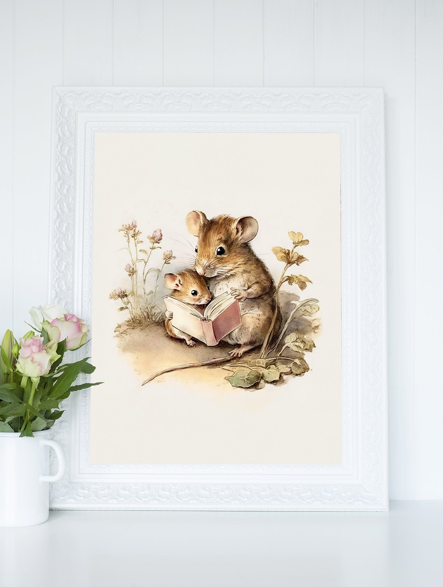 Field Mouse Reading To Her Baby Wall Art, Softness Nursery Art Prints, Watercolor Illustration Cottagecore Printable Decor, Instant Download