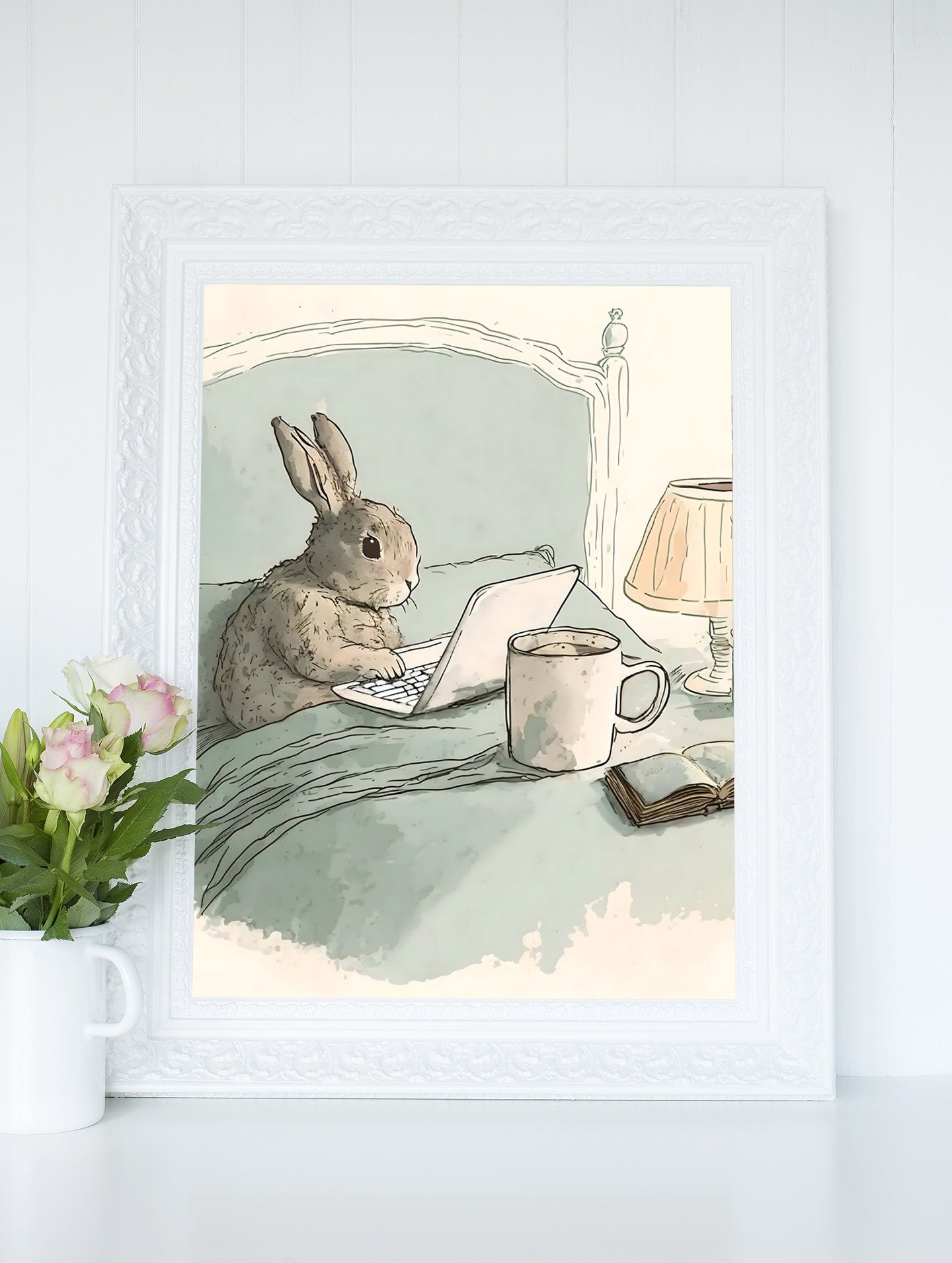 Bunny Rabbit Working From Home Printable, Cottagecore Tech Decor Wall Art, Watercolor Softness Art Print, British Wildlife Digital Download