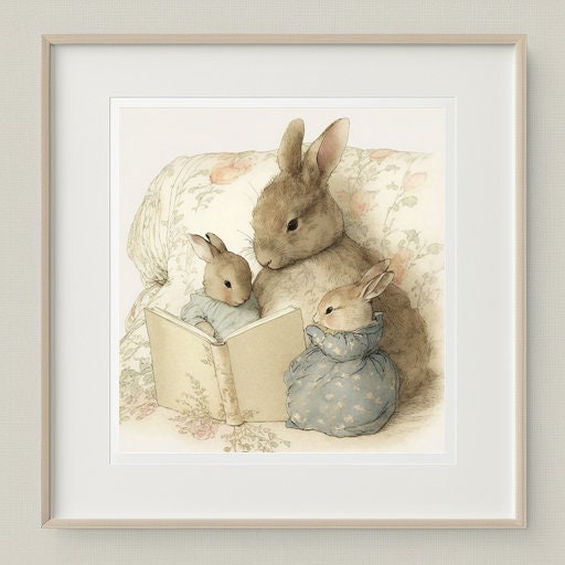 Mother Bunny reading to her Babies Wall Art, Softness Watercolor Art Print, Cottagecore Decor Printable, Countryside Wildlife Illustration