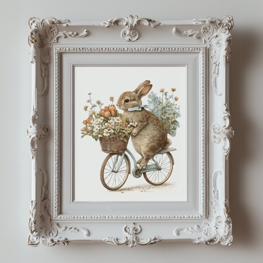 Bunny Rabbit on a Bike Printable Softness Art Print, Cottagecore Nursery Decor Countryside Wildlife Wall Art Watercolor Cycling Illustration