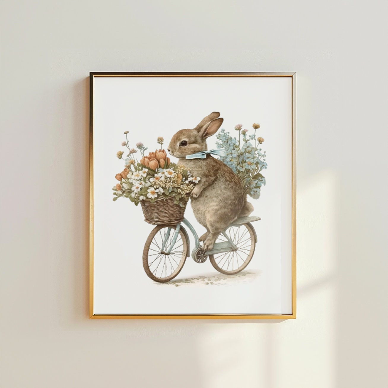 Bunny Rabbit on a Bike Printable Softness Art Print, Cottagecore Nursery Decor Countryside Wildlife Wall Art Watercolor Cycling Illustration