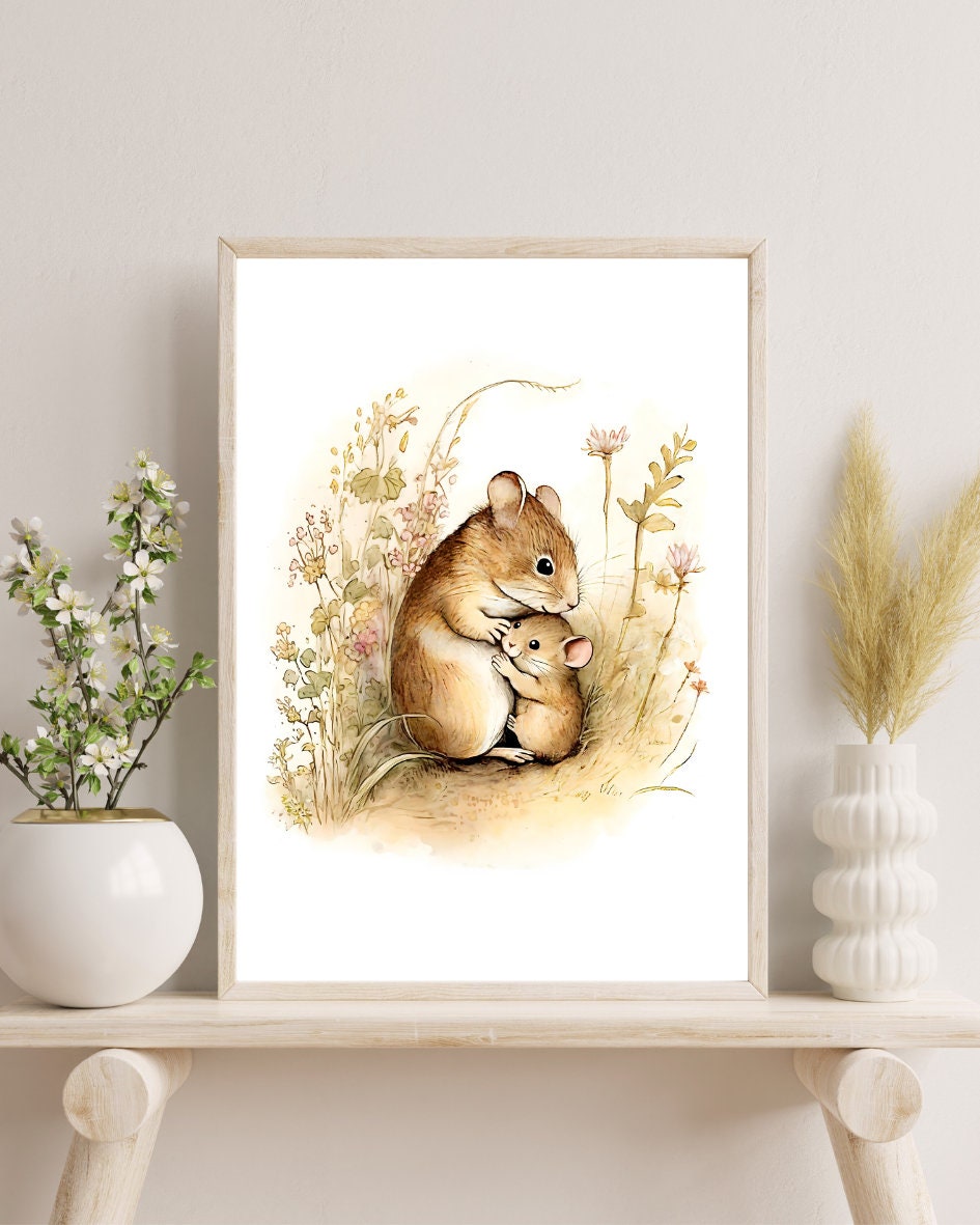 Loving Mother & Baby Field Mice Wall Art, Cottagecore Decor, Painted Illustration Printable British Wildlife, Instant Digital Download Print