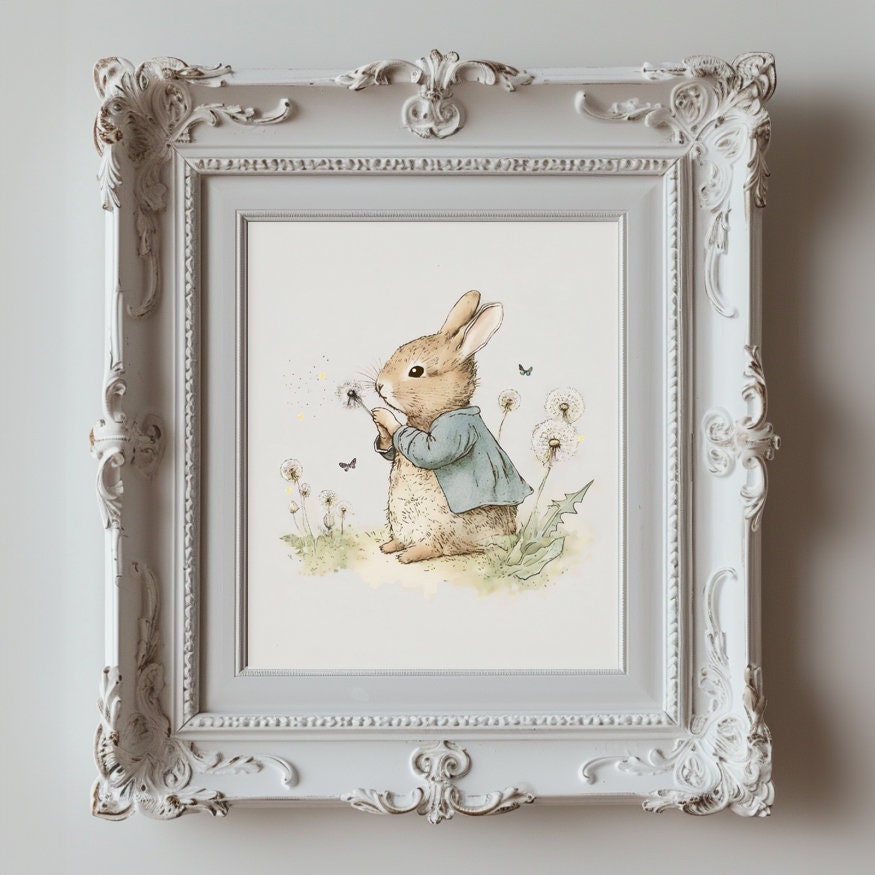 Bunny Rabbit with Dandelion Wall Art, Softness Nursery Art Prints, Watercolor Illustration Cottagecore Printable Decor, Instant Download