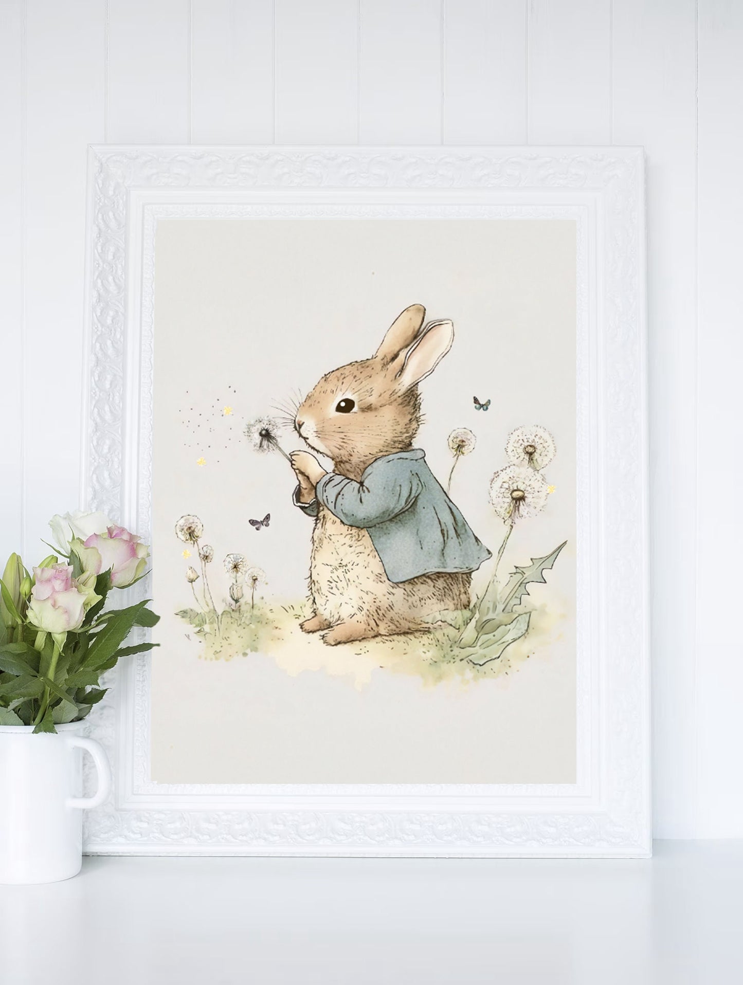 Bunny Rabbit with Dandelion Wall Art, Softness Nursery Art Prints, Watercolor Illustration Cottagecore Printable Decor, Instant Download