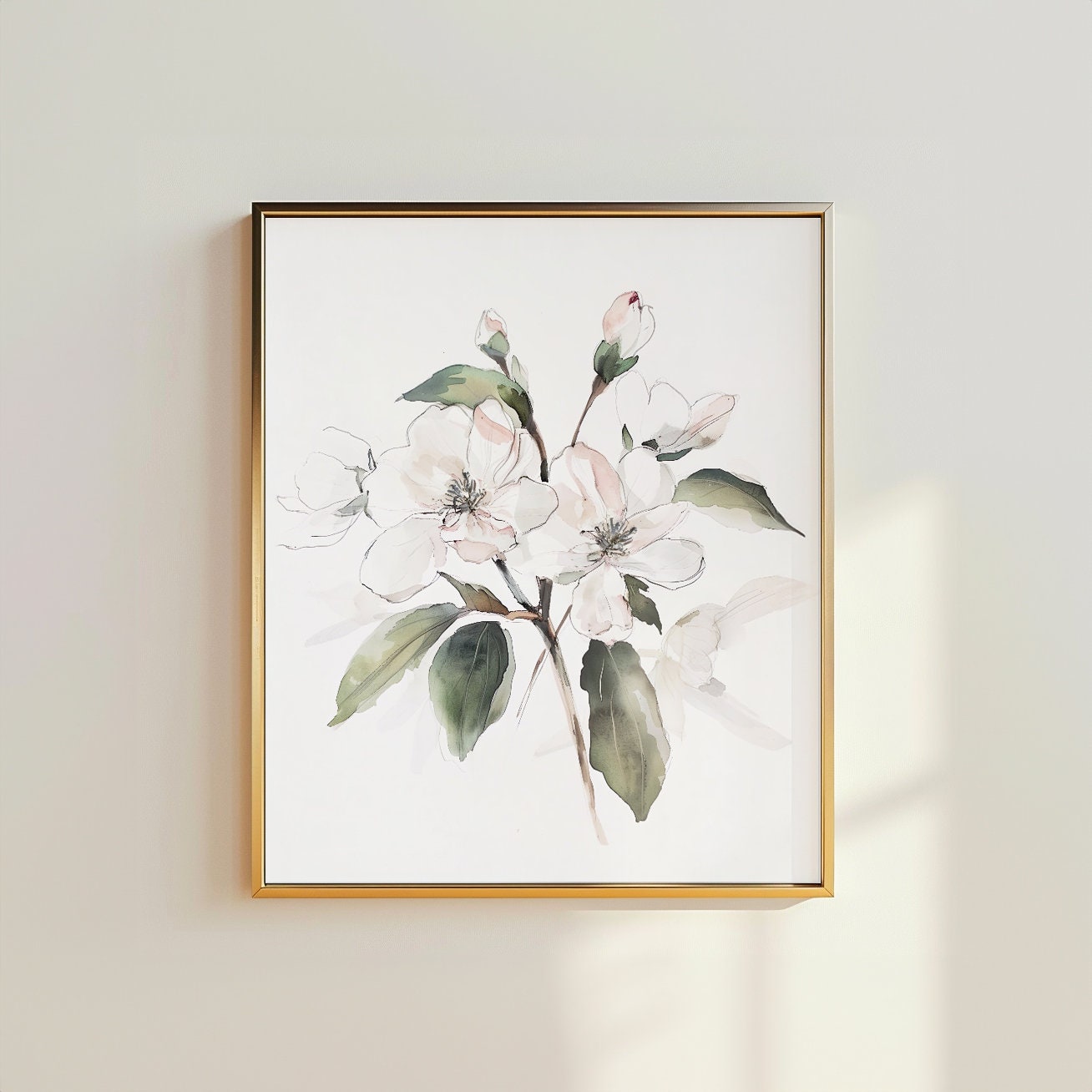 Watercolor Delicate Apple Blossom Flower Wall Art, Cottagecore Botanical Illustration Printable, Floral Artwork Print, Digital Download