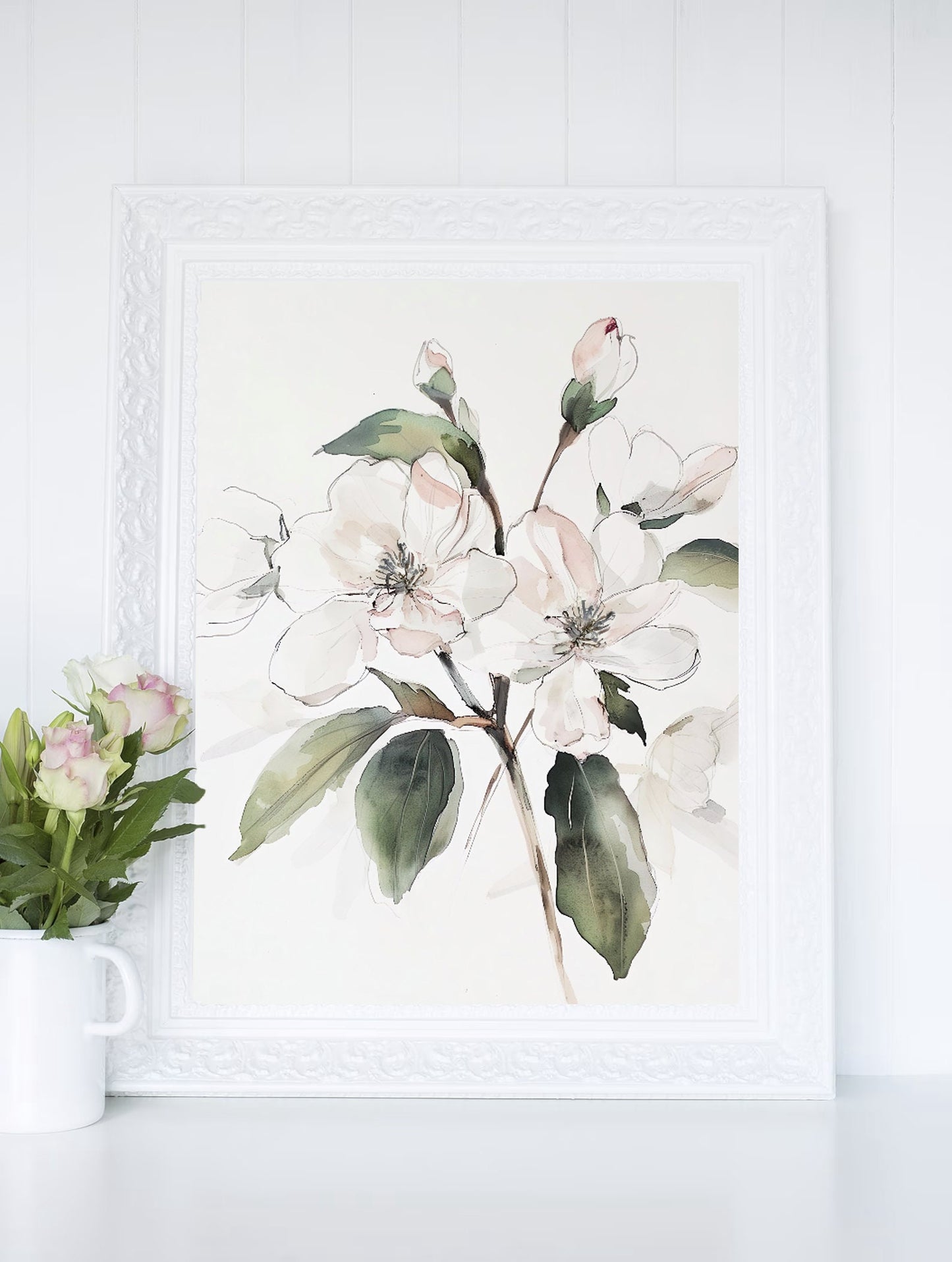 Watercolor Delicate Apple Blossom Flower Wall Art, Cottagecore Botanical Illustration Printable, Floral Artwork Print, Digital Download