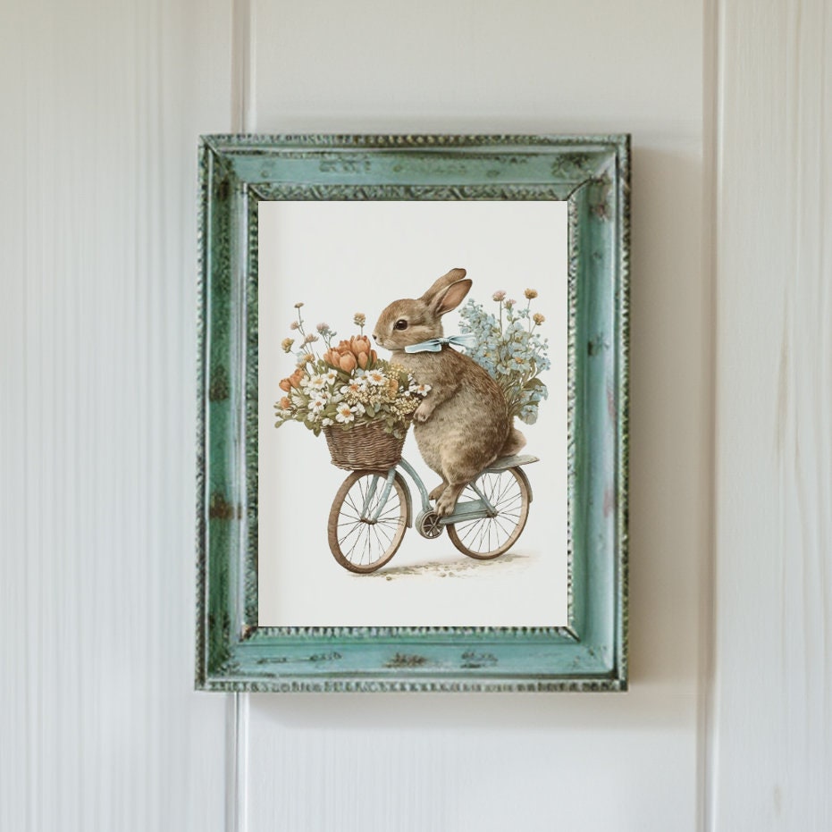 Bunny Rabbit on a Bike Printable Softness Art Print, Cottagecore Nursery Decor Countryside Wildlife Wall Art Watercolor Cycling Illustration