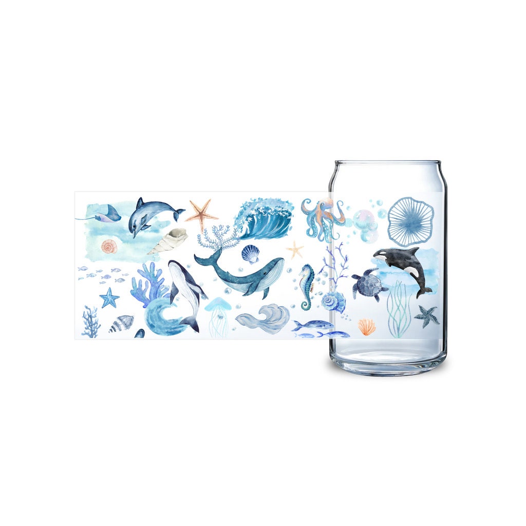 Vaso de vidrio con forma de sorbete de 16 oz con diseño de animales marinos Sea Life