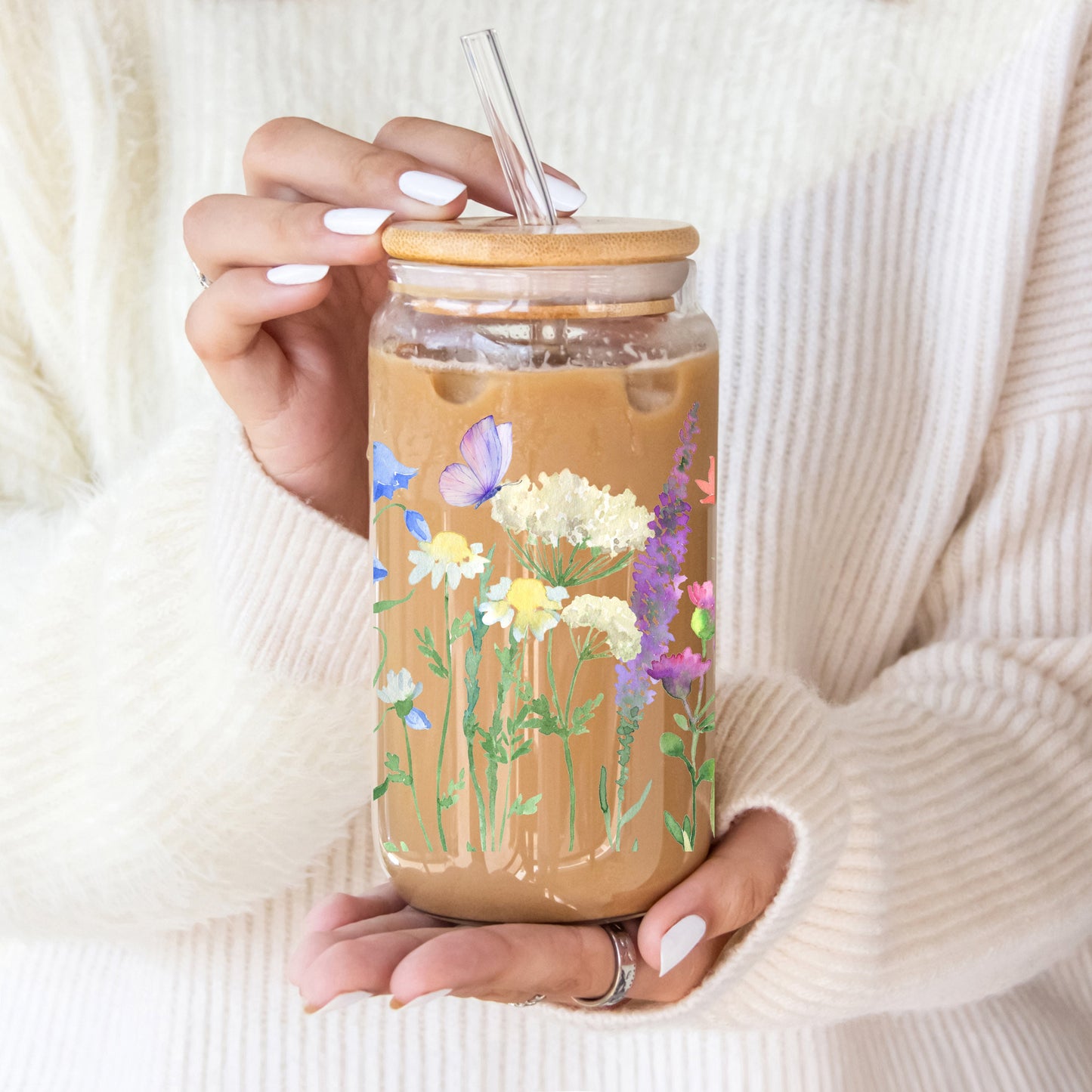 Flower Iced Coffee Cup, 16oz Glass Sipper Cup, Nature Soda Can Glass With Lid & Straw, Bridesmaid Gift Floral Lemonade Summer Drinking Glass