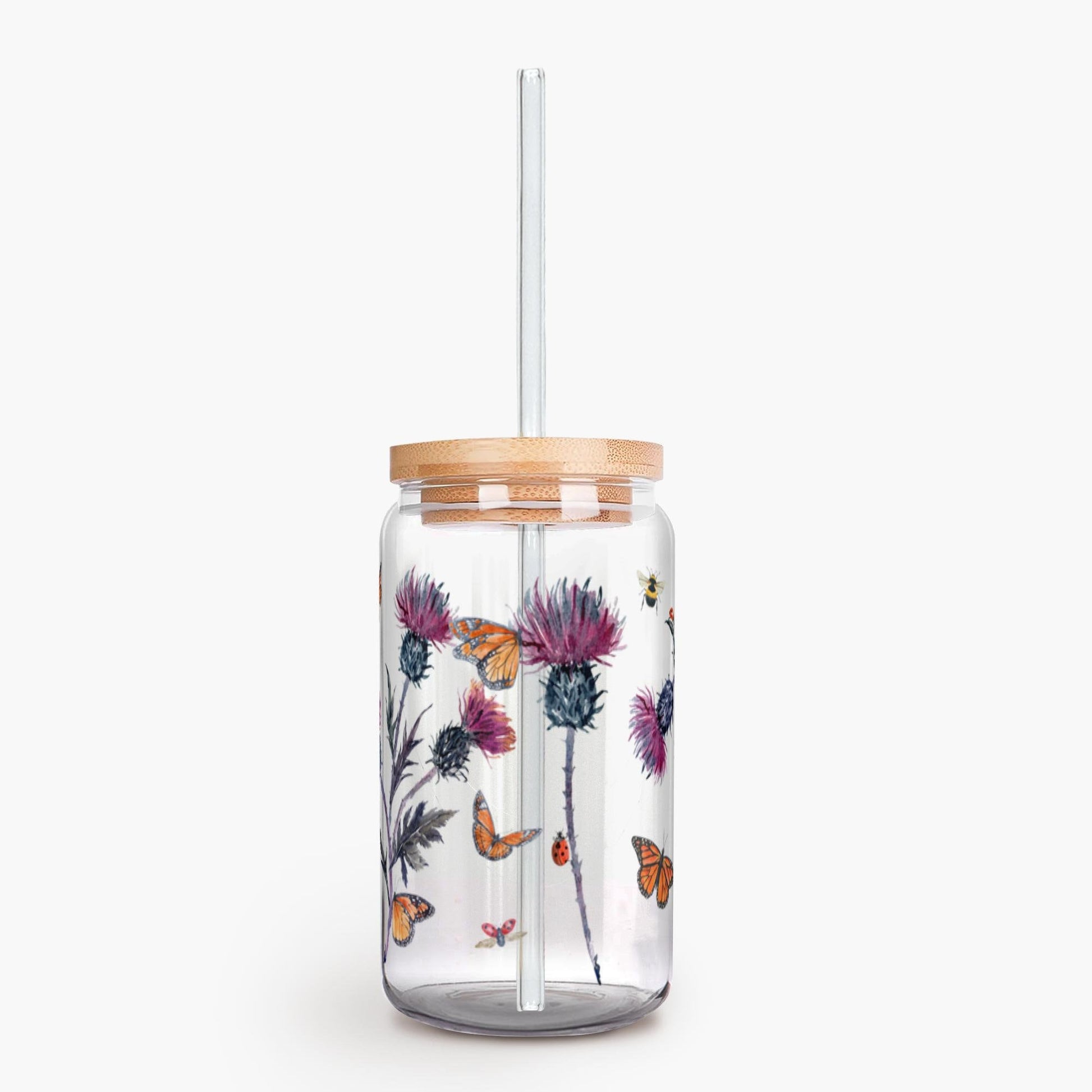 Flower Iced Coffee Cup, 16oz Glass Sipper Cup, Nature Soda Can Glass Lid & Straw, Bridesmaid Gift Floral Butterfly Summer Drinking Glass