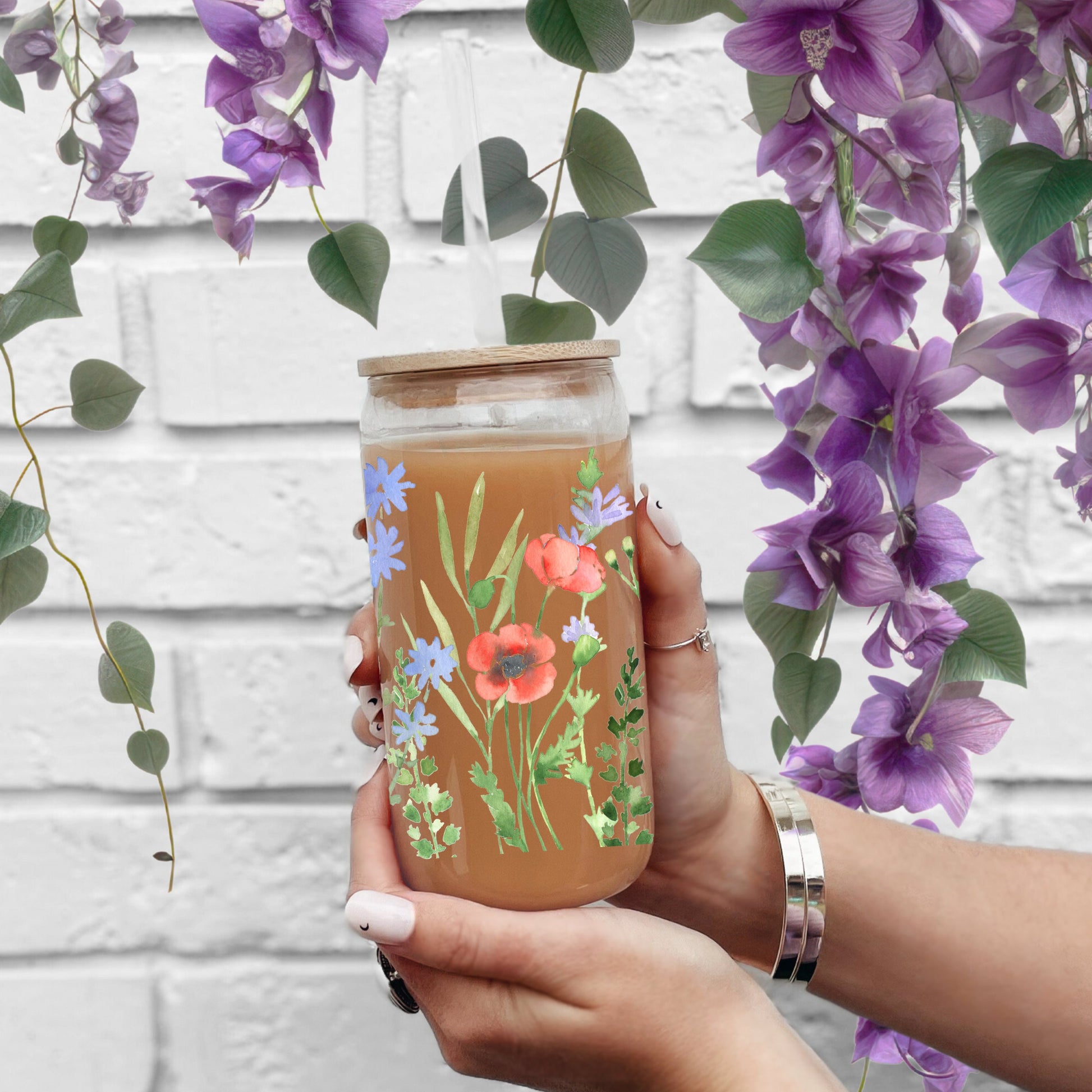 Flower Iced Coffee Cup, 16oz Glass Sipper Cup, Nature Soda Can Glass With Lid & Straw, Bridesmaid Gift Floral Lemonade Summer Drinking Glass