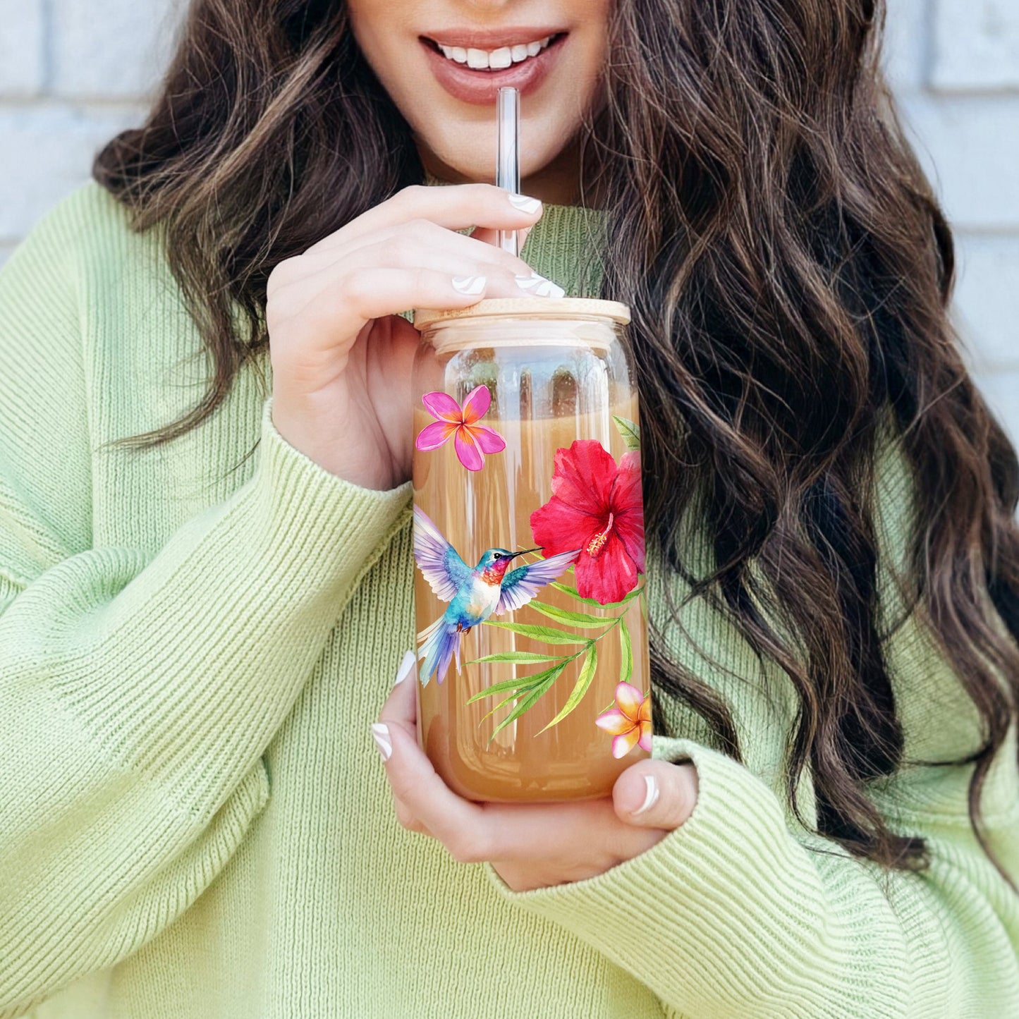 Hibiscus Flower Iced Coffee Cup, 16oz Glass Sipper Cup, Soda Can Glass Lid+ Straw, Birthday Gift, Floral Hummingbird Summer Drinking Glass