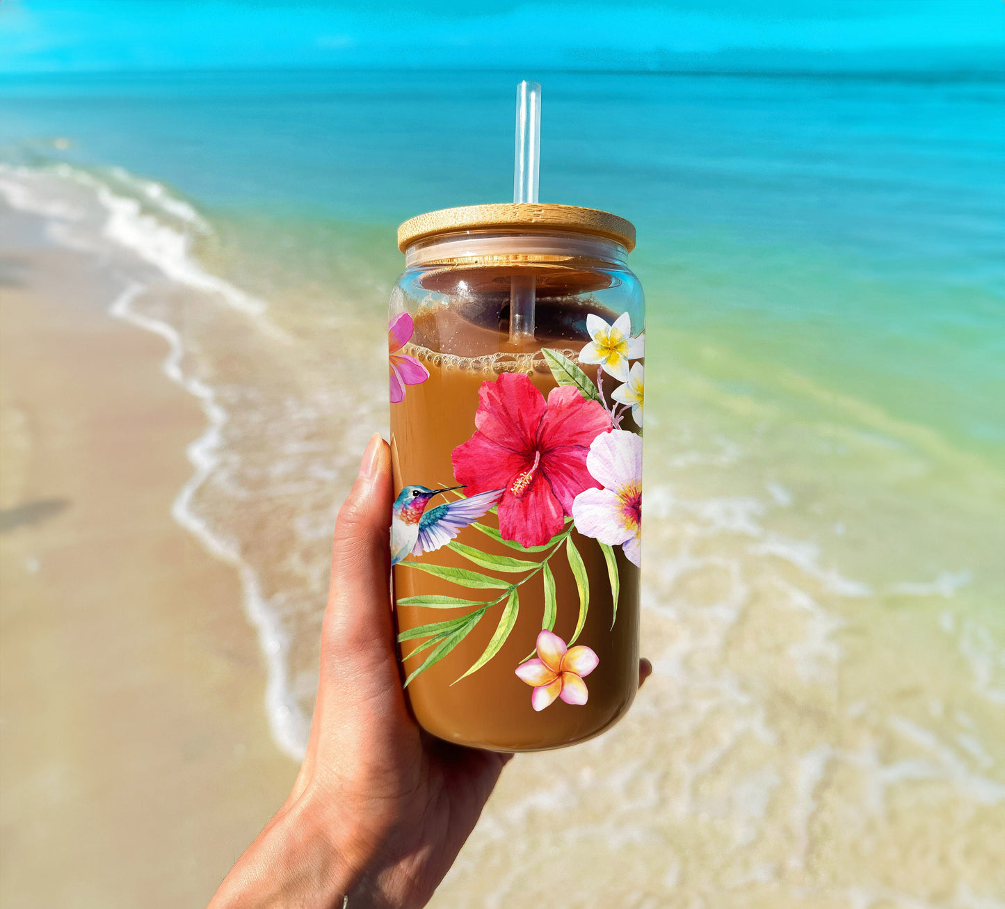 Hibiscus Flower Iced Coffee Cup, 16oz Glass Sipper Cup, Soda Can Glass Lid+ Straw, Birthday Gift, Floral Hummingbird Summer Drinking Glass