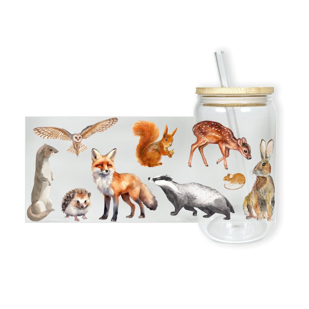 British Wildlife Animals Nature Iced Coffee Cup, 16oz Glass Sipper Cup, Soda Can Glass With Lid & Straw, Lemonade Summer Drinking Glass Gift