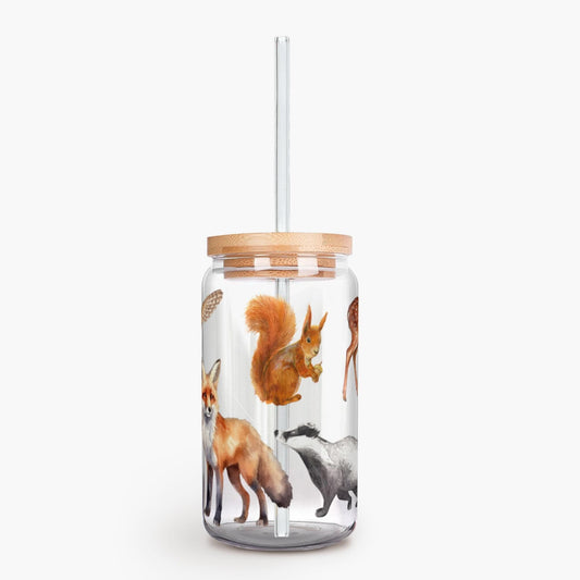 British Wildlife Animals Nature Iced Coffee Cup, 16oz Glass Sipper Cup, Soda Can Glass With Lid & Straw, Lemonade Summer Drinking Glass Gift