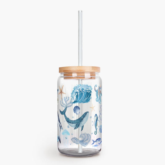 Sea Life Ocean Animals - 16oz Glass Glass Sipper Cup