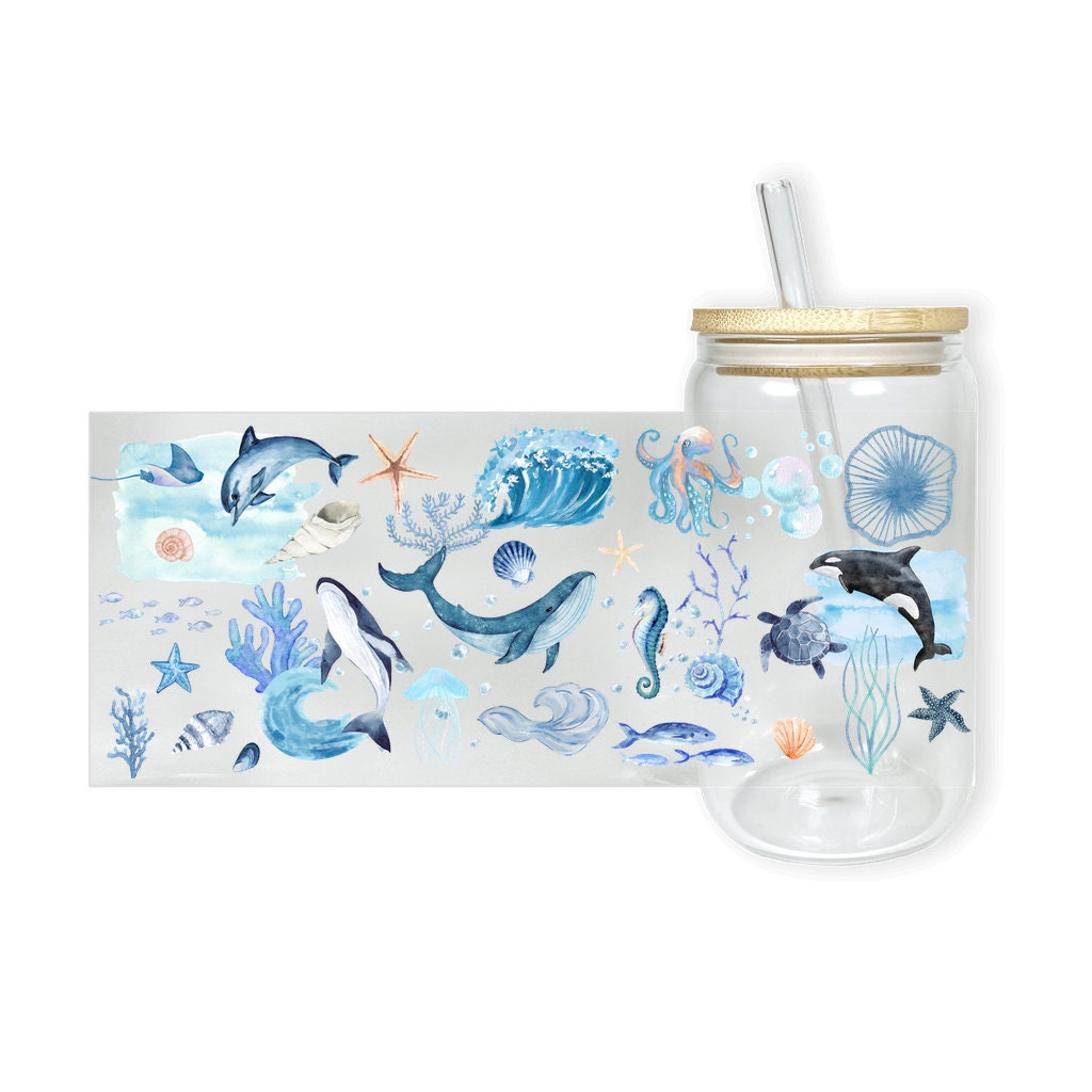 Vaso de vidrio con forma de sorbete de 16 oz con diseño de animales marinos Sea Life