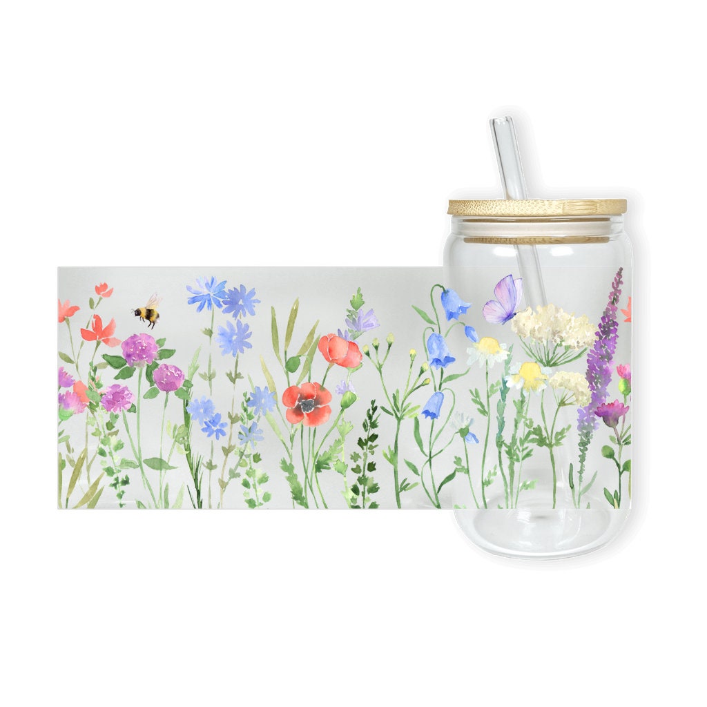 Flower Iced Coffee Cup, 16oz Glass Sipper Cup, Nature Soda Can Glass With Lid & Straw, Bridesmaid Gift Floral Lemonade Summer Drinking Glass