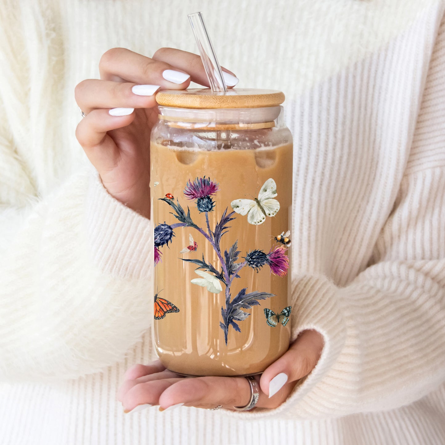 Flower Iced Coffee Cup, 16oz Glass Sipper Cup, Nature Soda Can Glass Lid & Straw, Bridesmaid Gift Floral Butterfly Summer Drinking Glass