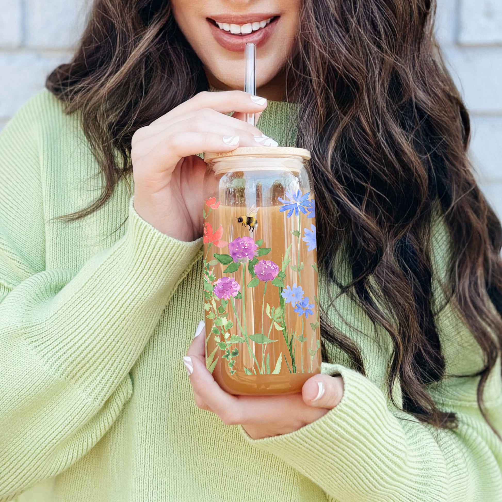 Flower Iced Coffee Cup, 16oz Glass Sipper Cup, Nature Soda Can Glass With Lid & Straw, Bridesmaid Gift Floral Lemonade Summer Drinking Glass