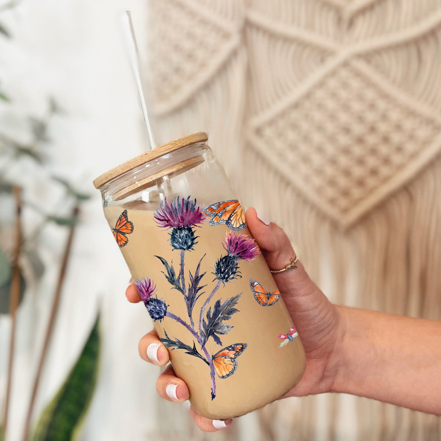 Flower Iced Coffee Cup, 16oz Glass Sipper Cup, Nature Soda Can Glass Lid & Straw, Bridesmaid Gift Floral Butterfly Summer Drinking Glass