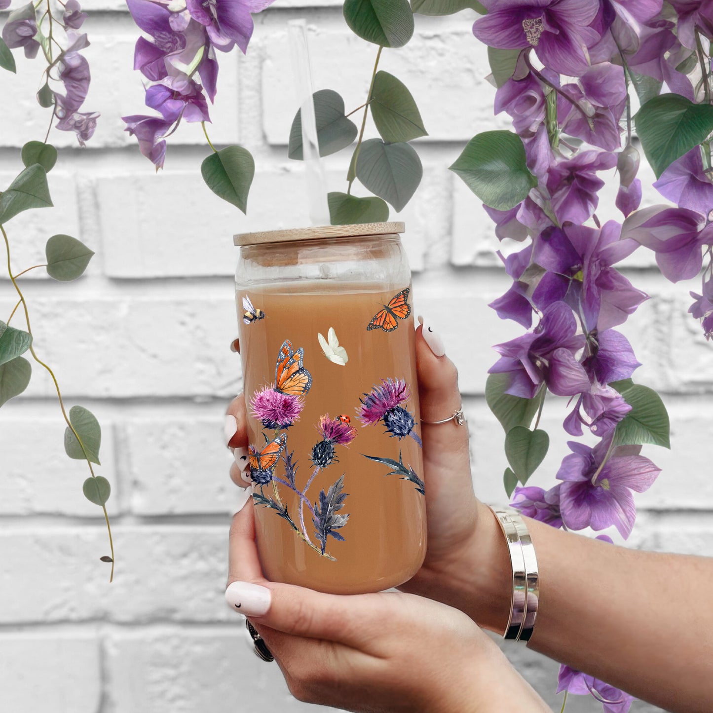 Flower Iced Coffee Cup, 16oz Glass Sipper Cup, Nature Soda Can Glass Lid & Straw, Bridesmaid Gift Floral Butterfly Summer Drinking Glass