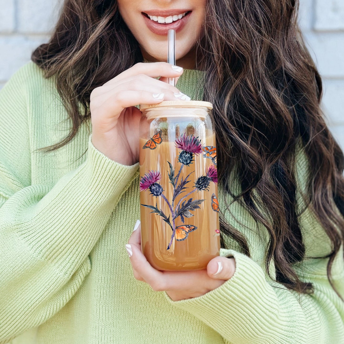 Flower Iced Coffee Cup, 16oz Glass Sipper Cup, Nature Soda Can Glass Lid & Straw, Bridesmaid Gift Floral Butterfly Summer Drinking Glass