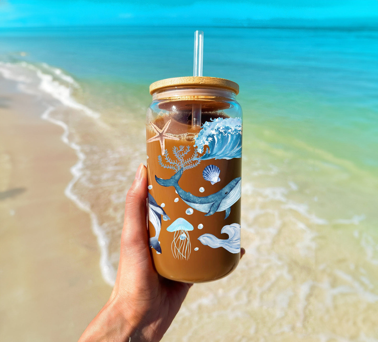 Vaso de vidrio con forma de sorbete de 16 oz con diseño de animales marinos Sea Life