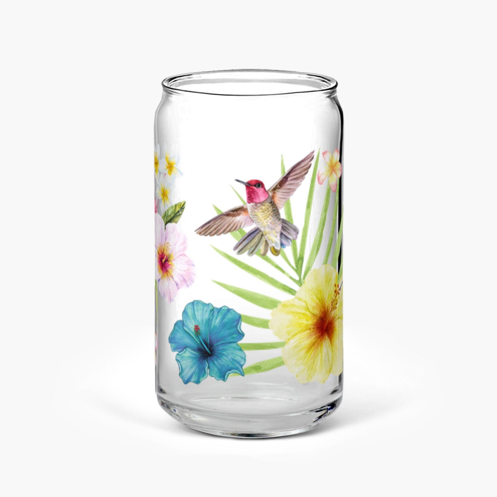 Hibiscus Flower Iced Coffee Cup, 16oz Glass Sipper Cup, Soda Can Glass Lid+ Straw, Birthday Gift, Floral Hummingbird Summer Drinking Glass