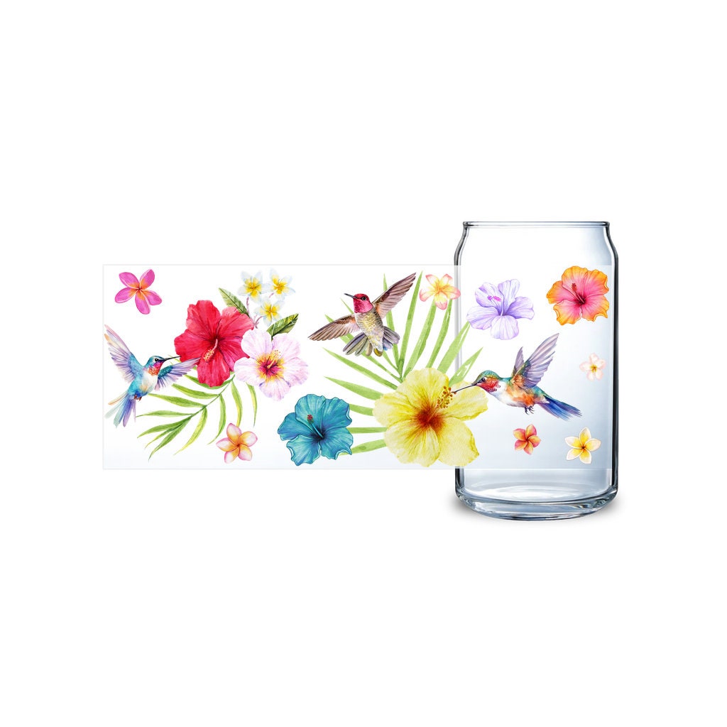 Hibiscus Flower Iced Coffee Cup, 16oz Glass Sipper Cup, Soda Can Glass Lid+ Straw, Birthday Gift, Floral Hummingbird Summer Drinking Glass