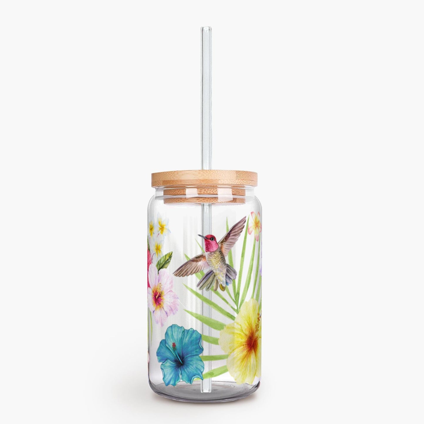 Hibiscus Flower Iced Coffee Cup, 16oz Glass Sipper Cup, Soda Can Glass Lid+ Straw, Birthday Gift, Floral Hummingbird Summer Drinking Glass